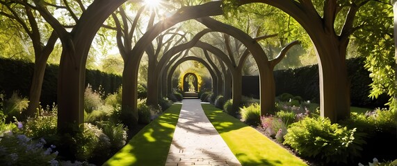 An extraordinary clear view of arches created by trees in a lovely garden pathway where sunlight filters playfully through the branches