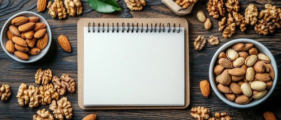 Bird's-Eye View of an Open Sketchbook Surrounded by Walnuts and Almonds