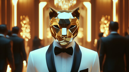 VIP man in gold geometric Panther mask and white suit in futuristic setting