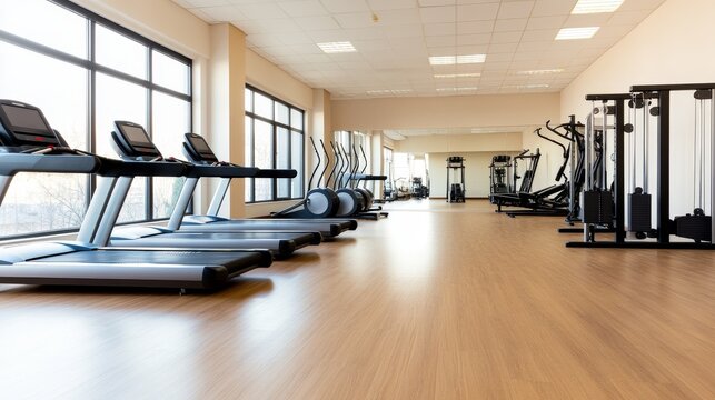 Modern gym interior featuring treadmills and exercise equipment with bright natural light