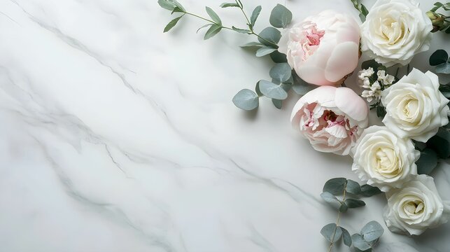 flat lay, kwiaty, kompozycja, białe tło, marmurowe tło, pastelowe kolory, estetyka, peonie, r&oacute;że, eukaliptus, nowoczesny design, czysta kompozycja, minimalizm, elegancja, subtelność, fotografia stocko