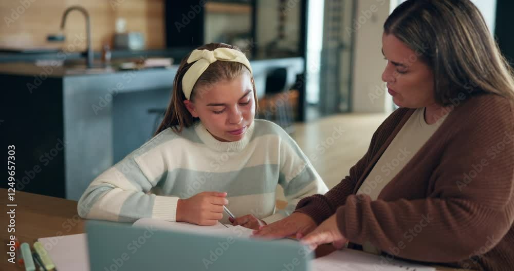 Poster Home, mom and helping child with homework for learning support, reading lesson and language development. Family, woman and female student with books for elearning assessment, studying and knowledge