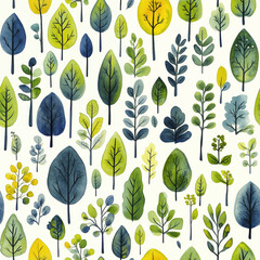 Seamless pattern, abstract background with blue-yellow-green trees and leaves on white background