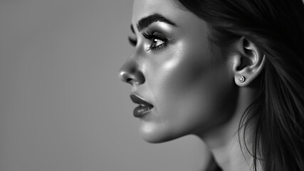 Fototapeta premium Black and white photo portrait of a woman in profile.
