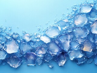 Ice cubes scattered on a blue background, creating a refreshing visual.