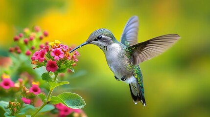 Fototapeta premium A mesmerizing capture of a hummingbird in flight, delicately hovering over vibrant flowers, illustrating nature's wonder and the beauty of these extraordinary creatures.