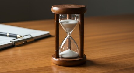 Wooden brown hourglass, glass sand timer,  office desk, work waiting. Time.
