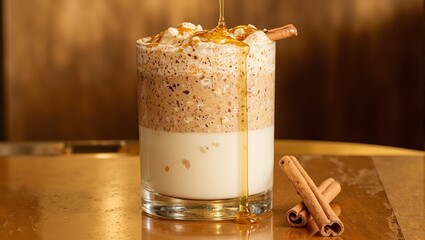 Indulge in a decadent Honey Oat Latte adorned with a shimmering golden honey drizzle and a rustic cinnamon stick Perfect for cozy vibes