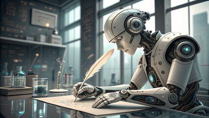 artificial intelligence robot writes with a feather pen	