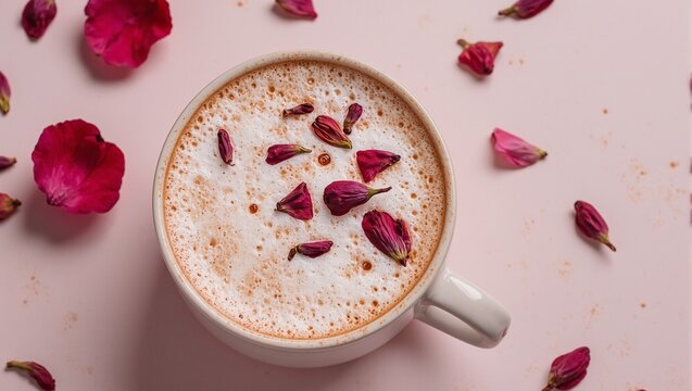 Luxurious rose petal latte with vanilla accents topped with delicate edible rose petals Perfect for elegant and sophisticated concepts