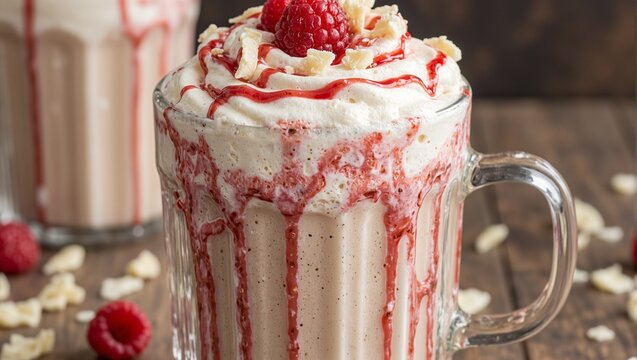 Delicious white chocolate raspberry mocha adorned with raspberry syrup and white chocolate shavings A luxurious treat for coffee lovers