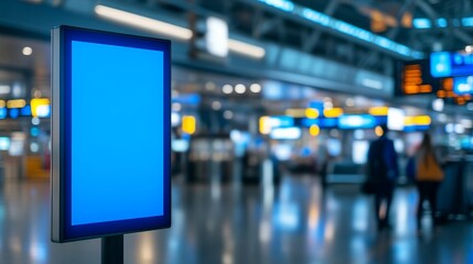 Empty digital display screen in a bustling airport terminal with blurred travelers in the background