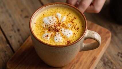 Delicious Golden Turmeric Latte with aromatic spices and frothy almond milk in a cozy ceramic mug
