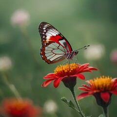 Fototapeta premium Butterfly on Red Blossom,Delicate Butterfly on Flower,Red Flower with Butterfly,Floral Beauty with Butterfly