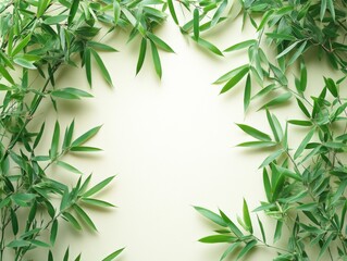 Fototapeta premium Bamboo Zen Garden: Fresh Green Branches Framing a Serene Space for Natural Beauty and Peaceful Contemplation, Isolated on Light Backdrop