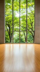 Contemporary room with a wooden floor, concrete wall, and a window showcasing an enchanting green view filled with nature