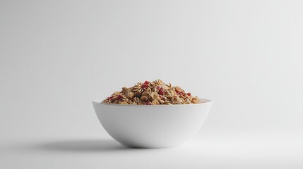 A pristine white background isolates a beautifully presented bowl of granola