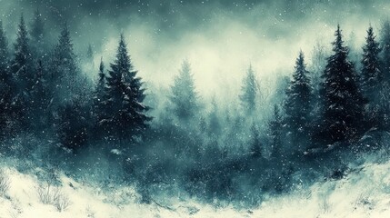 Snowy forest winter landscape, misty mountains background, winter wonderland scene, ideal for holiday cards