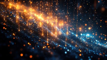 Obraz premium Abstract cosmic energy flow, blue and orange particles, dark background, website header