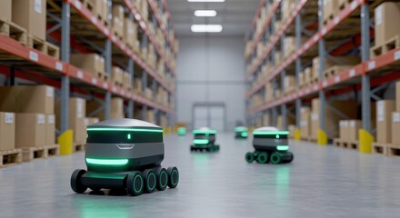 Obraz premium High-tech autonomous delivery robots with sleek futuristic designs navigate through a warehouse