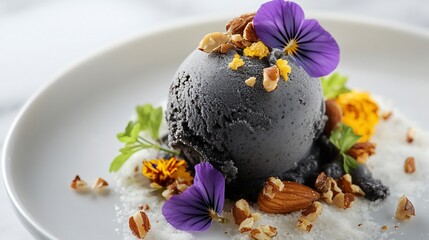 Gourmet black ice cream dessert, garnished with nuts and flowers, served on a white plate, marble background, food blog use