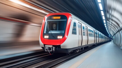 Naklejka premium Modern Subway Train in Motion Inside an Urban Underground Tunnel