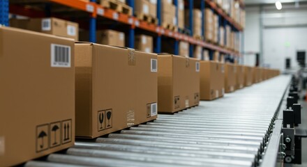 A close-up of a logistics conveyor belt system moving rows of cardboard boxes in a bright well-organized warehouse