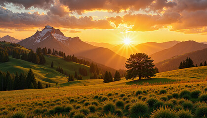 Golden sunrise over soft hilltops, fresh spring awakening