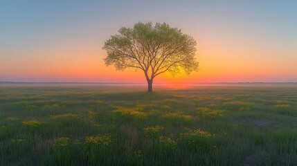 Sunrise Lone Tree Field Fog Spring Landscape