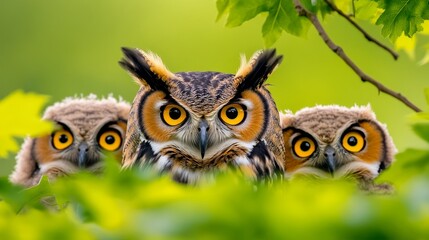 Fototapeta premium Three owls with striking yellow eyes perched among vibrant green leaves in a serene natural setting