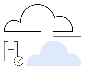 Outline cloud icon above a blue cloud with a checklist and tick mark. Ideal for data storage, organization, file sharing, cloud computing, digital solutions, task management, abstract line flat