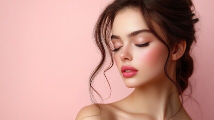 Fototapeta premium Close-up portrait of a beautiful young woman with closed eyes and pink makeup on a pink background.