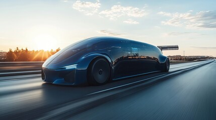 Fototapeta premium A sleek, aerodynamic futuristic car drives along a highway at sunset, showcasing cutting-edge technology and design in automotive innovation amidst a visually stunning backdrop.