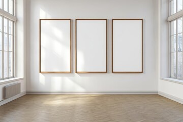 Fototapeta premium A spacious, sunlit room featuring elegantly arranged empty wooden picture frames on a pristine white wall, perfect for a stylish gallery or a productive home office that inspires creativity