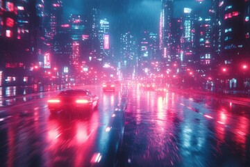 Obraz premium A vibrant cityscape at night with neon lights and rainy streets.