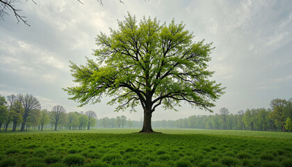 Fototapeta premium Lone budding tree amidst dormant nature, symbolizing spring's arrival
