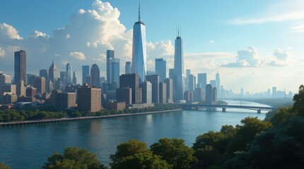 Obraz premium Panoramic view of Manhattan skyline with a river and modern skyscrapers. 