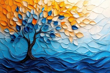 A textured painting of a tree with colorful leaves above blue waves.