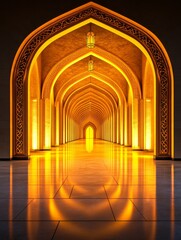 Majestic Golden Archway With Reflection - A stunning view of a golden archway illuminating a hallway with reflective tiles, creating a warm and inviting atmosphere.