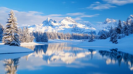 Serene winter landscape showcasing snow-covered mountain reflecting in a tranquil river
