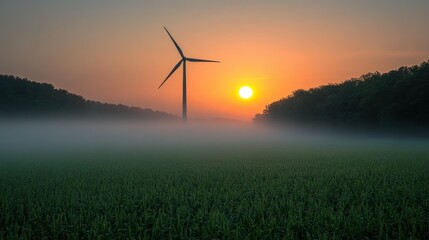 Obraz premium Sunrise over foggy field, wind turbine, renewable energy