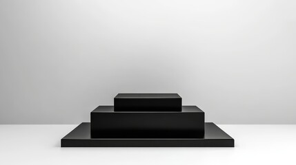 Minimalist Black Display Platform for Product Presentation - A set of black geometric platforms stacked at various heights on a clean, light background creating a sophisticated display presentation.