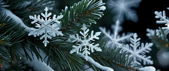 An enchanting closeup of snowflakes settling gently on evergreen branches showcasing winters intricate beauty in a delicate form