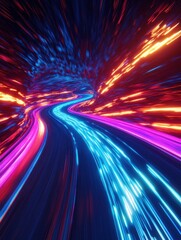 Obraz premium Fast Moving Sports Neon Car On Neon Style Highway. Most Powerful acceleration of a supercar with Colorful Lights Tails Background. Generative AI. illustration