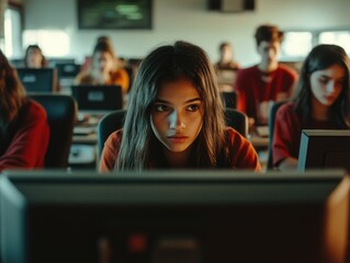 Young woman staring at a computer screen