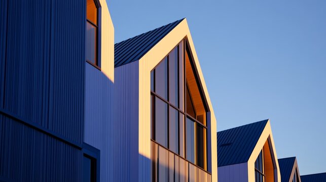 Modern architectural design featuring angular rooftops and large windows against a clear blue sky