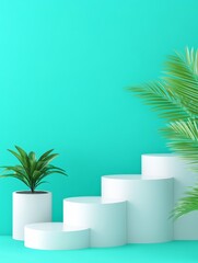 Modern Display Podiums with Green Plants on Bright Background - A vibrant setup featuring white podiums and lush green plants symbolizing growth, freshness, minimalism, creativity, and elegance.