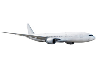 White wide body passenger jetliner fly isolated