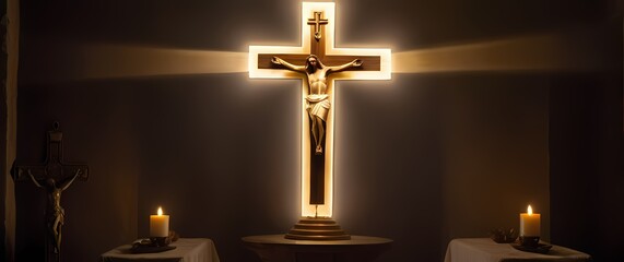 Naklejka premium An elegant oil painting featuring a beautifully crafted Jesus cross shaped as a radiant lamp illuminating a sacred space with soft inviting light