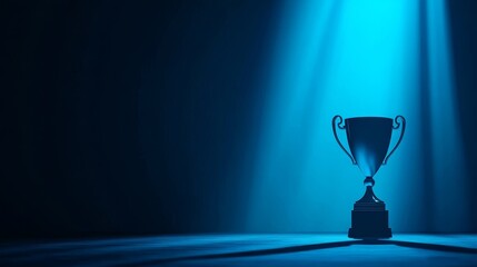A solitary trophy illuminated by dramatic blue lighting, symbolizing achievement and victory in a dark setting